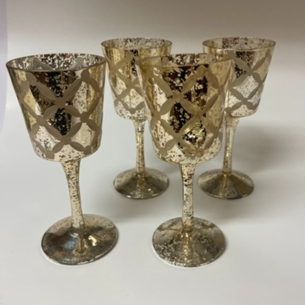 Set of 4 Gold Etched Glass Candle Holders - 7" Elegant Decor